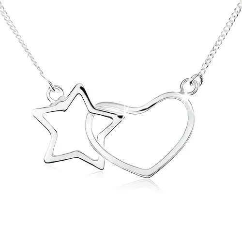 Náhrdelník ze stříbra 925, kontura hvězdy a symetrického srdce