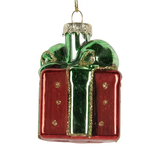 Vánoční skleněná závěsná ozdoba červený dárek - 4*4*6 cm Clayre & Eef