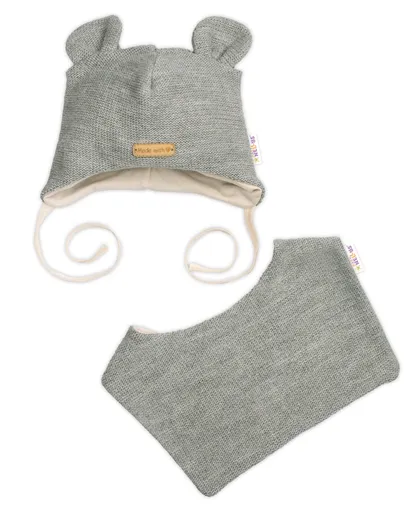 Baby Nellys Pletená čepice s bavlněnou podšívkou a šátkem 2v1, Teddy Hand made - šedá, 80/86