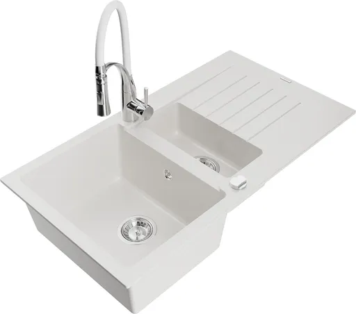 MEXEN/S Matias granitový dřez 1.5 s odkapávačem včetně baterie Aster, bílá 6502-20-73450-02