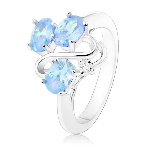 Prsten stříbrné barvy, tři oválné světle modré zirkony, zvlněná linie - Velikost: 48