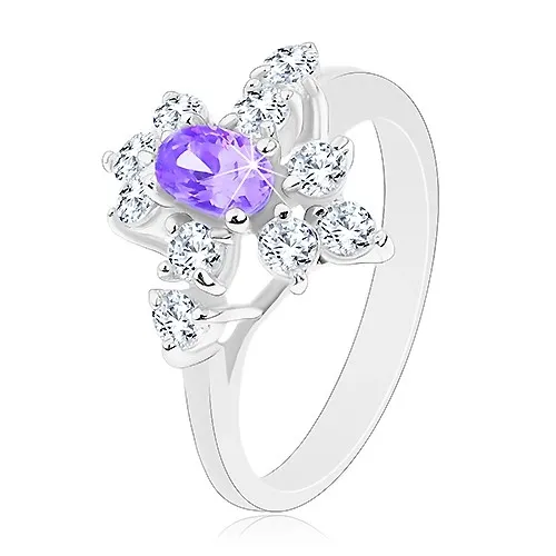 Blýskavý prsten, stříbrný odstín, fialový zirkonový ovál, čiré zirkonky - Velikost: 52