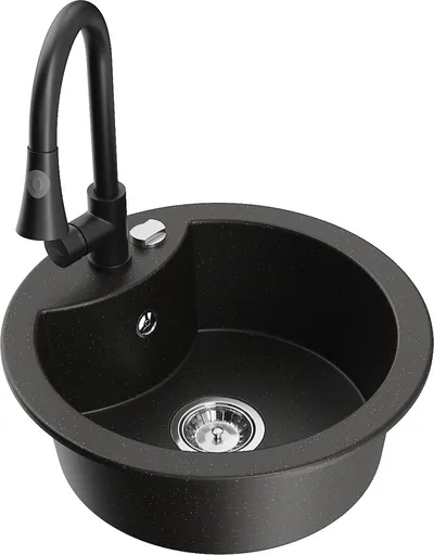 MEXEN/S Diego granitový dřez 1-miska včetně baterie Elia, černá/zlatá metalik 6512-75-670101-70