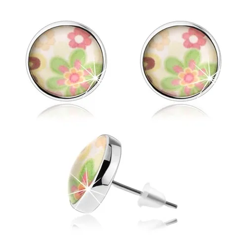 Náušnice cabochon, vypouklá čirá glazura, barevné kvítky, bílý podklad
