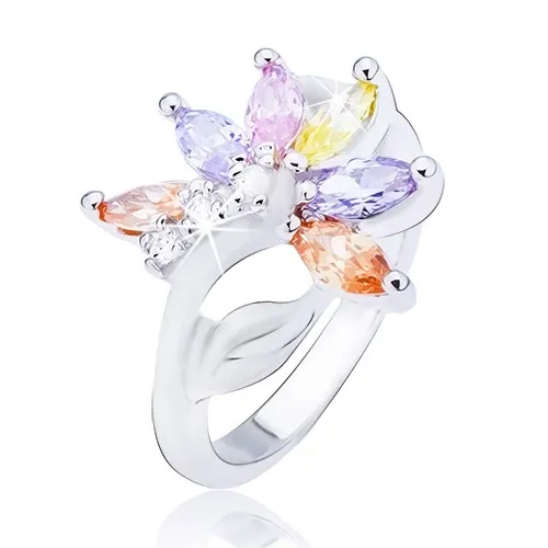 Lesklý stříbrný prsten, květ s barevnými zirkonovými lupeny - Velikost: 56
