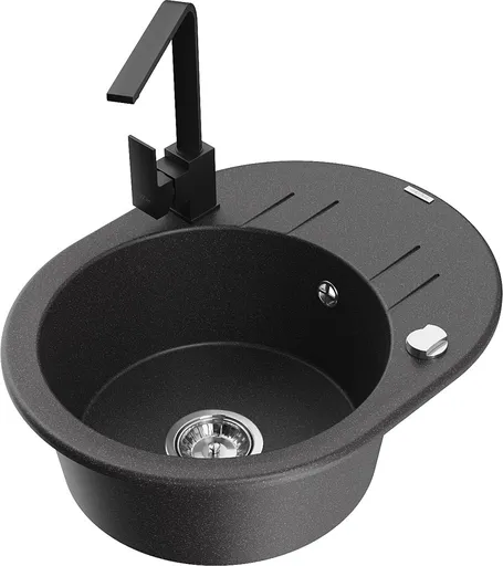 MEXEN/S Kevin granitový dřez s odkapávačem včetně baterie Rita, černá kropenatá 6517-76-670300-70