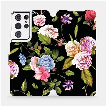 Flipové pouzdro na mobil Samsung Galaxy S21 Ultra 5G - VD07S Růže a květy na černém pozadí (5903516620180)