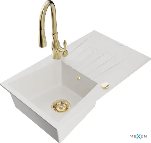 MEXEN/S Cesar granitový dřez 1 s odkapávačem včetně baterie Savita, bílá 6514-20-672601-50