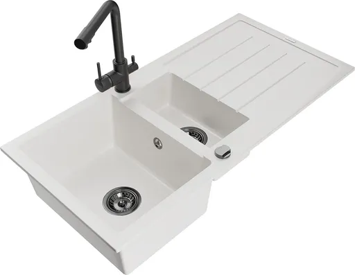 MEXEN/S Andres granitový dřez s odkapávačem včetně baterie Duero, bílá 6515-20-671600-70