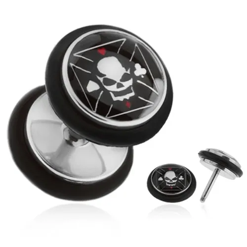 Ocelový falešný plug do ucha, motiv lebky s překříženými kostmi
