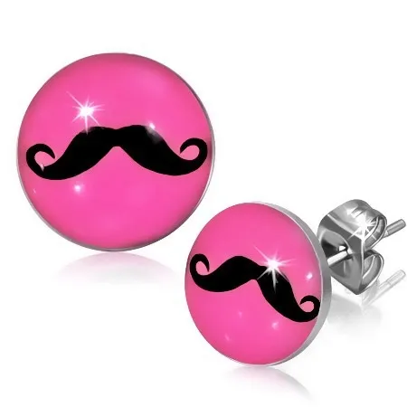 Puzetové náušnice z chirurgické oceli, černý knírek na růžovém podkladu