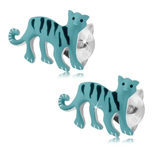 Puzetové náušnice, stříbro 925, světle modrý tygr s černými proužky