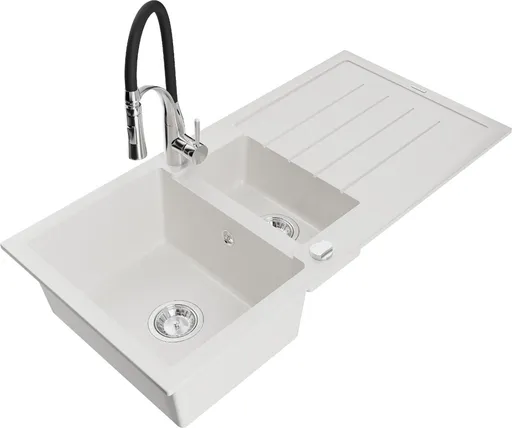 MEXEN/S Andres granitový dřez s odkapávačem včetně baterie Aster, bílá 6515-20-73450-07