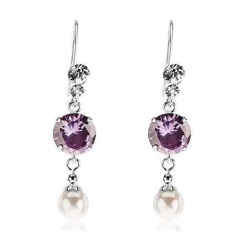 Náušnice ze stříbra 925, čiré krystalky Swarovski, fialový zirkon, bílá perla