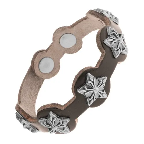 Kožený náramek černé barvy, matné patinované hvězdy z oceli