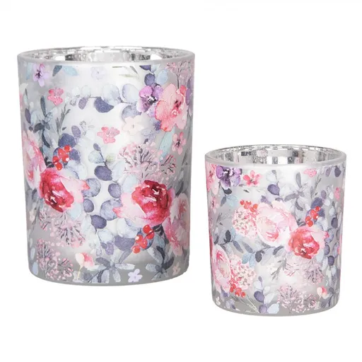 2ks skleněný stříbrný svícen růže a eucalypt - Ø 7*8 / 10*13 cm Clayre & Eef
