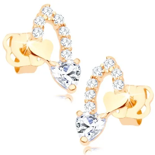 Zlaté 14K náušnice dvě srdce v segmentu zrnka