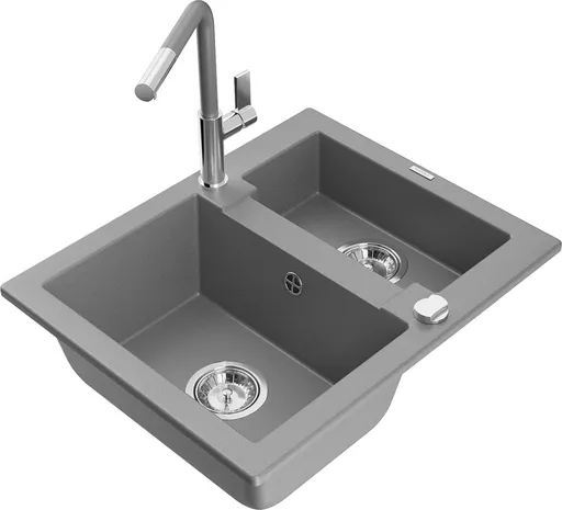MEXEN/S Carlos granitový dřez 1.5 včetně baterie Flora, šedá 6518-71-670401-06