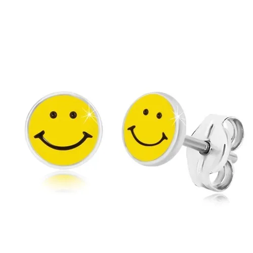 Náušnice ze stříbra 925 - usmívající se smajlík, černo-žlutá glazura, puzetky