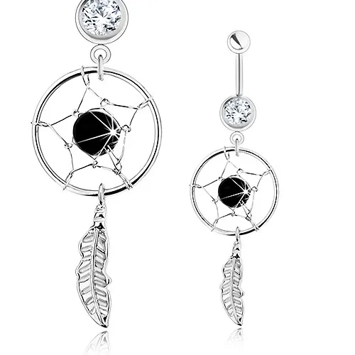 Piercing do bříška, chirurgická ocel, lapač snů, čirý zirkon, černý korálek