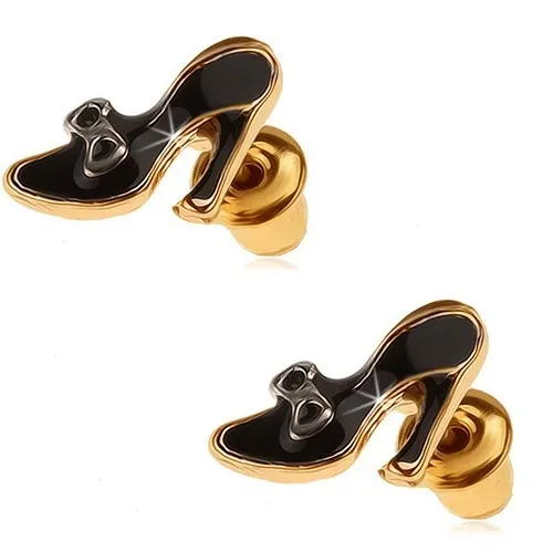 Náušnice zlaté barvy, černé glazované dámské lodičky s mašličkou