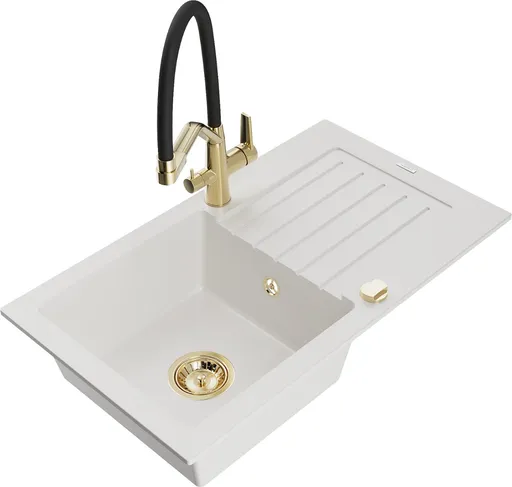 MEXEN/S Pablo granitový dřez s odkapávačem včetně baterie Duo, bílá 6510-20-671701-57-G