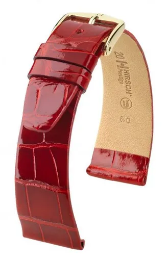 Řemínek Hirsch Prestige Alligator - červený, lesk - 16 mm - L – Standardní délka (doporučujeme) - 14 mm - Zlatá