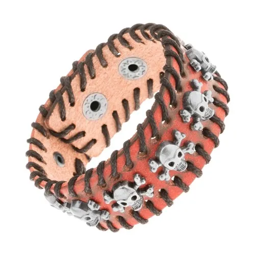 Hnědý kožený náramek, propletená šňůrka černé barvy po obvodu, lebky, různé barvy