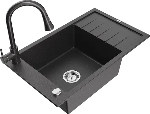 MEXEN/S Elias granitový dřez 1 s odkapávačem včetně baterie Elia, černá kropenatá 6511-76-670101-70-B 6511-76-670101-76