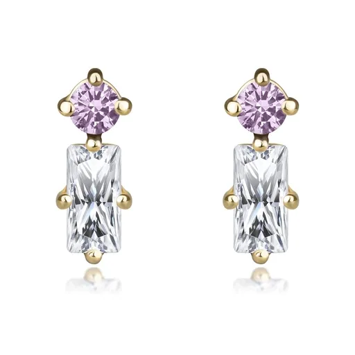 Náušnice ze žlutého zlata 585 - růžový a čirý zirkon, puzetky
