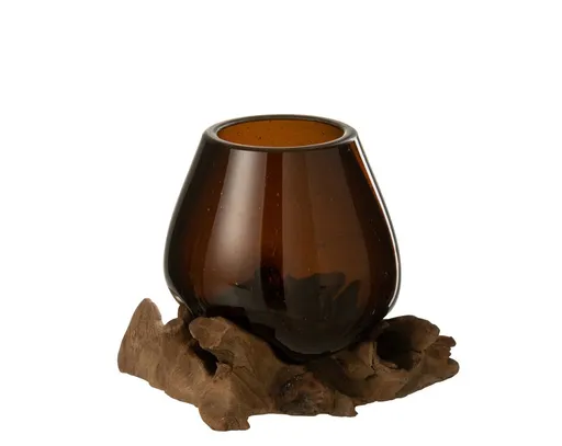 Hnědá váza z recyklovaného skla na dřevu Gamal - 13*13*17 cm J-Line by Jolipa