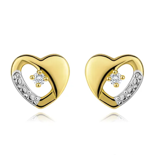 Náušnice ze 14K zlata - souměrné dvoubarevné srdíčko s diamantem a výřezem