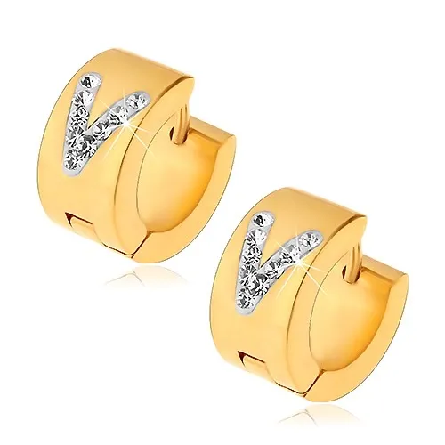 Kloubové ocelové náušnice,  zlatý odstín, čiré zirkonové písmeno V