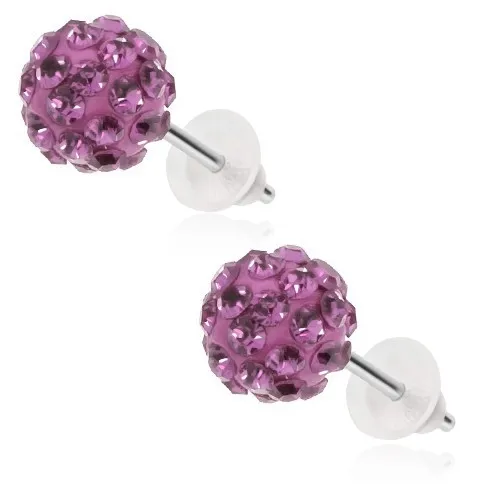 Náušnice z oceli 316L, tmavě růžové kuličky vykládané blyštivými zirkony, 8 mm