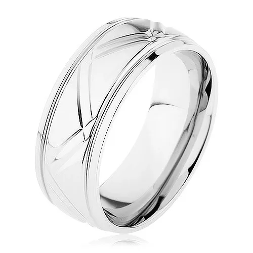 Prsten z chirurgické oceli stříbrné barvy, šikmé a vodorovné rýhy - Velikost: 57