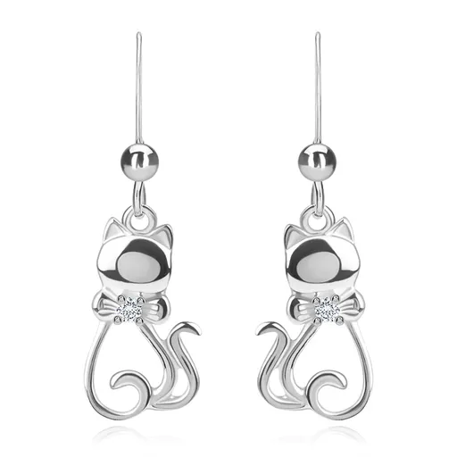 Visací stříbrné náušnice 925 - sedící kočičí kontura, mašlička, čirý zirkon, afro háček