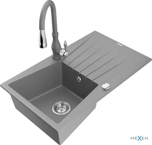 MEXEN/S Cesar granitový dřez 1 s odkapávačem včetně baterie Savita, šedá 6514-71-672601-71