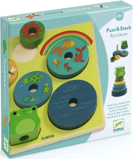 Dřevěná vkládačka & stohovací pyramida 2v1 - Žabka a duha