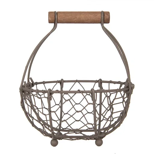 Hnědý drátěný dekorační košík s dřevěným držadlem - Ø 14*7/17 cm  Clayre & Eef