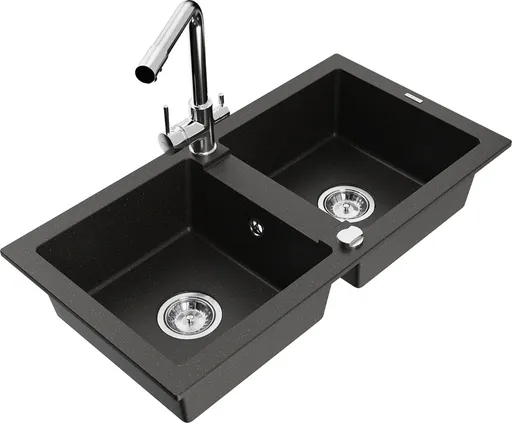 MEXEN/S Mario granitový dřez 2-bowl včetně baterie Duero, černá/zlatá metalik 6504-75-671600-00