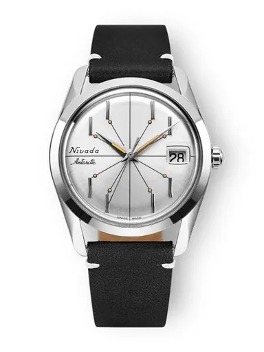 Nivada Grenchen Antarctic Spider Silver 35 mm - Black leather White Stitching