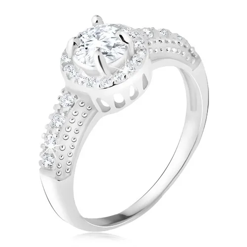 Stříbrný 925 prsten, čirý zirkon s lemem, zirkonová ramena - Velikost: 48