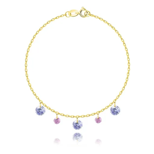 Náramek ze stříbra 925 - zlatá barva, levandulové a růžové zirkony, tenký řetízek
