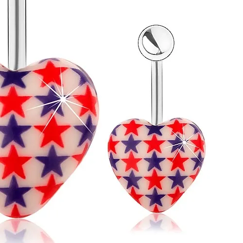 Ocelový piercing do pupíku, kulička, bílé srdce, červené a modré hvězdy