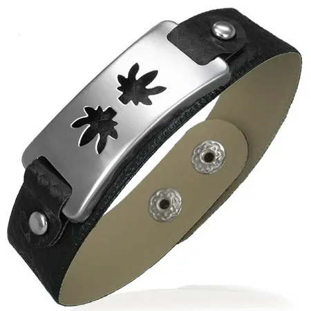 Náramek z umělé kůže - černý, marihuana