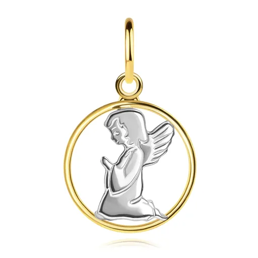 Dvoubarevný zlatý přívěsek 585 - gravírovaný andílek, kontura kruhu