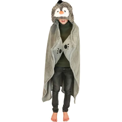 Cozy Noxxiez BL813 Tučnák hřejivá deka s kapucí se zvířátkem a tlapkovými kapsami 130 x 100 cm