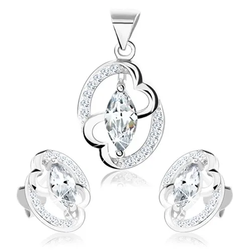 Sada - stříbro 925, náušnice a přívěsek, obrys elipsy, propojená srdce