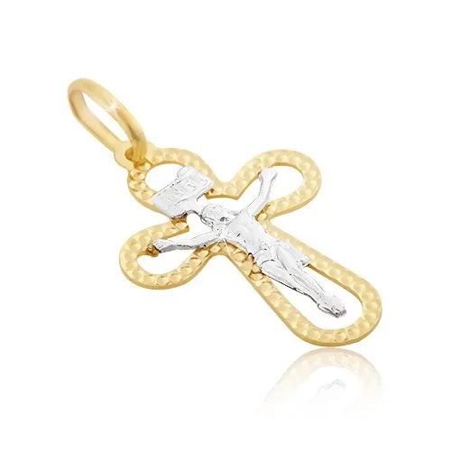 Přívěsek ze 14K zlata - oválný obrys kříže s prohlubinkami a Kristem v bílém zlatě