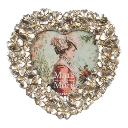 Stříbrný antik fotorámeček srdce s květy - 15*2*17cm / 10*10 cm Mars & More
